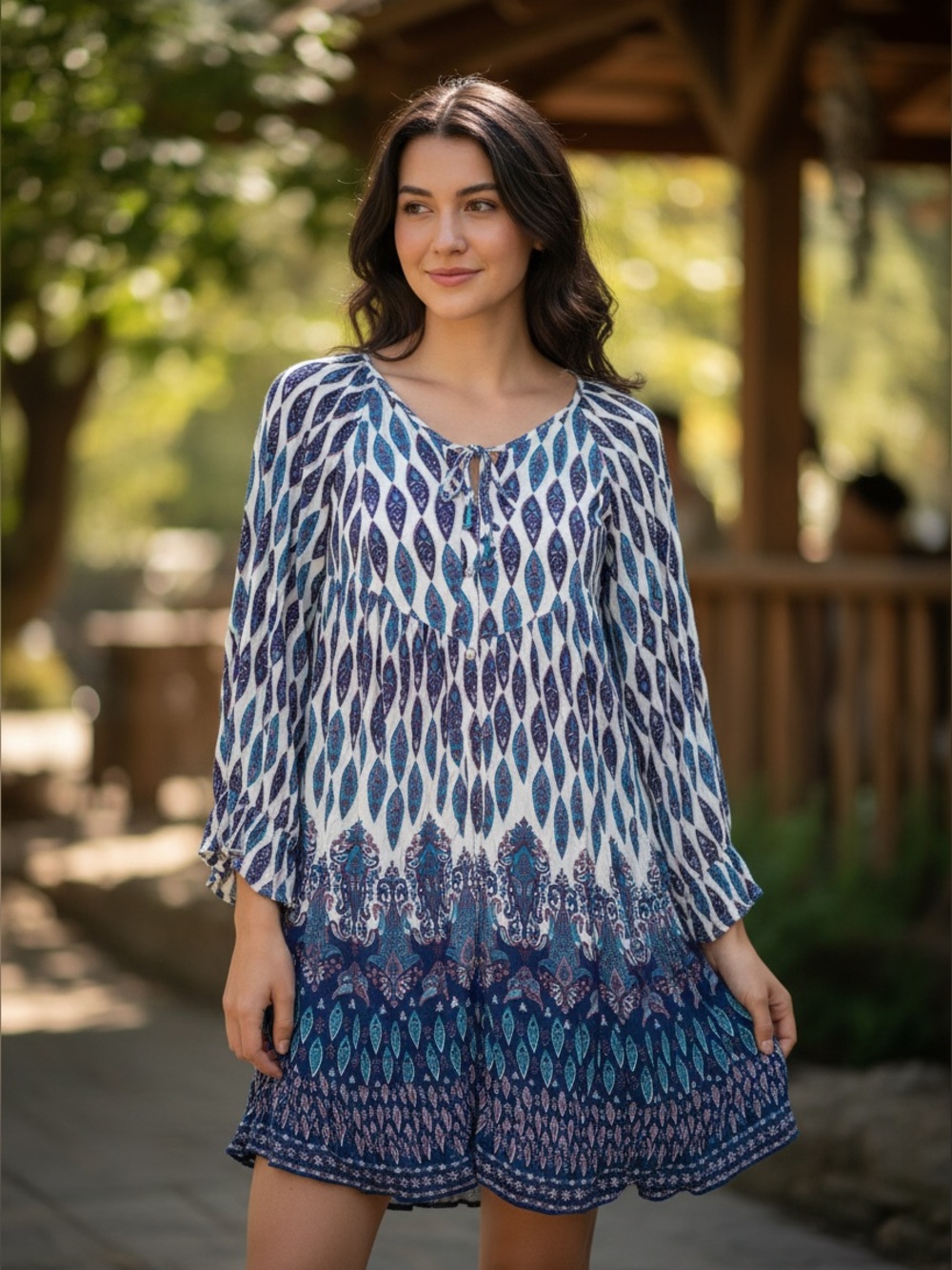 Roxy Blue & White Boho Tie-Neck Tunic